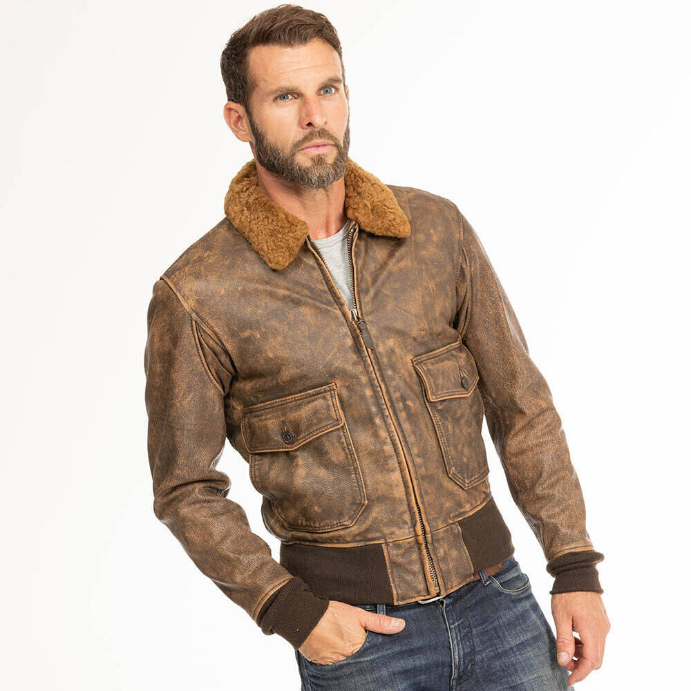 Men Brown Pilot Military G-1 Airforce Fur Collar Bomber Leather Jacket