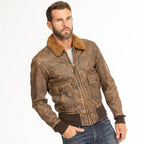 Men Brown Pilot Military G-1 Airforce Fur Collar Bomber Leather Jacket