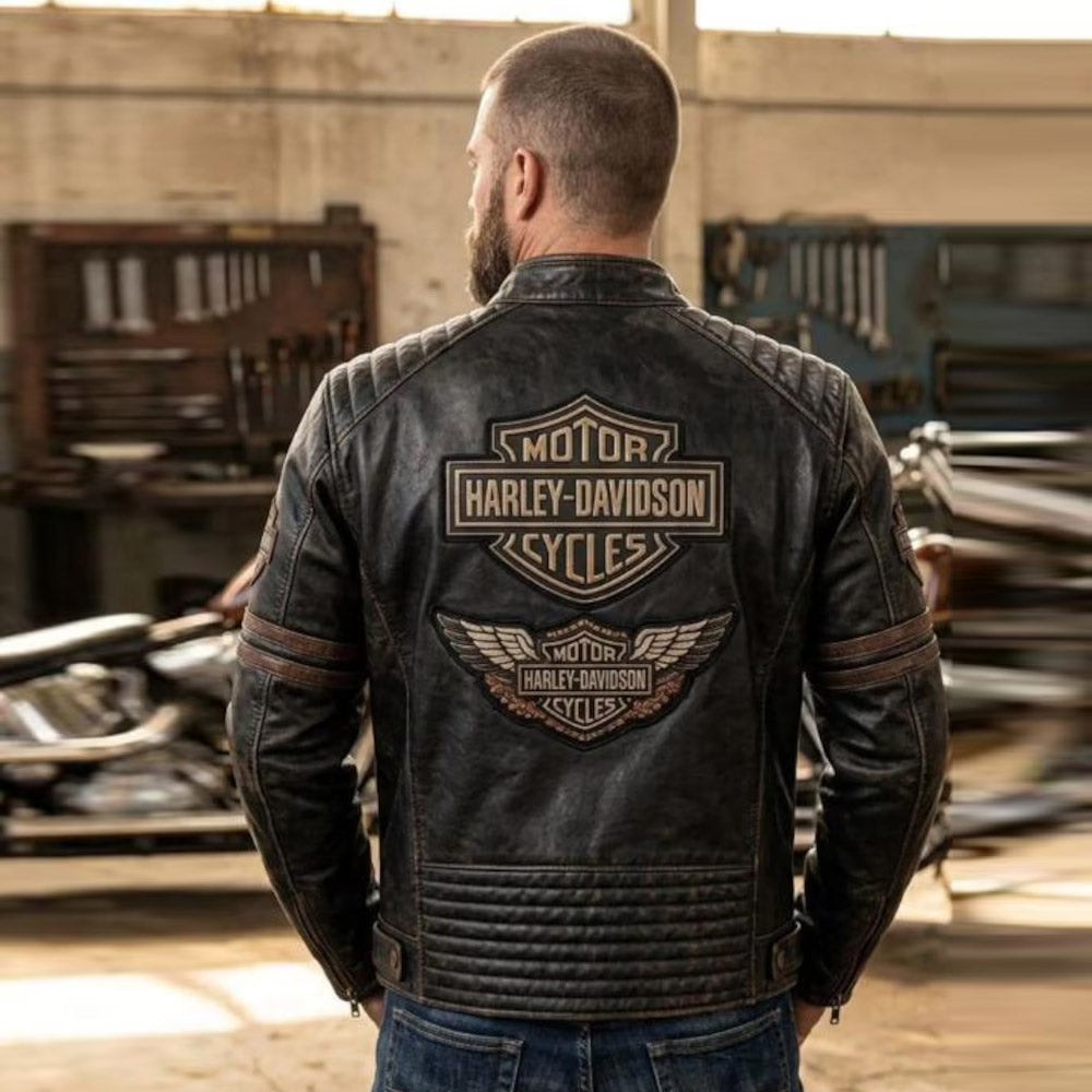 Men's Vintage Distressed Brown Leather Harley-Davidson Motorcycle Jacket