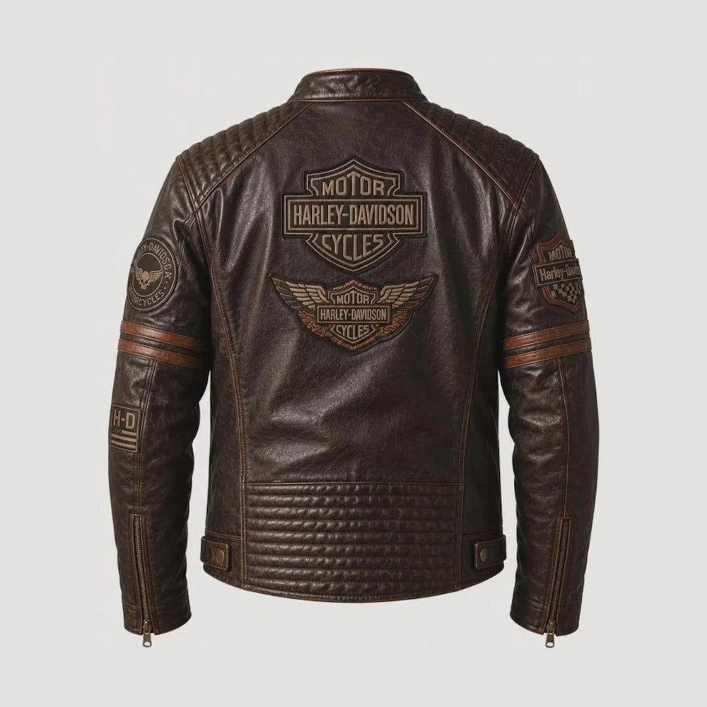 Men's Vintage Distressed Brown Leather Harley-Davidson Motorcycle Jacket