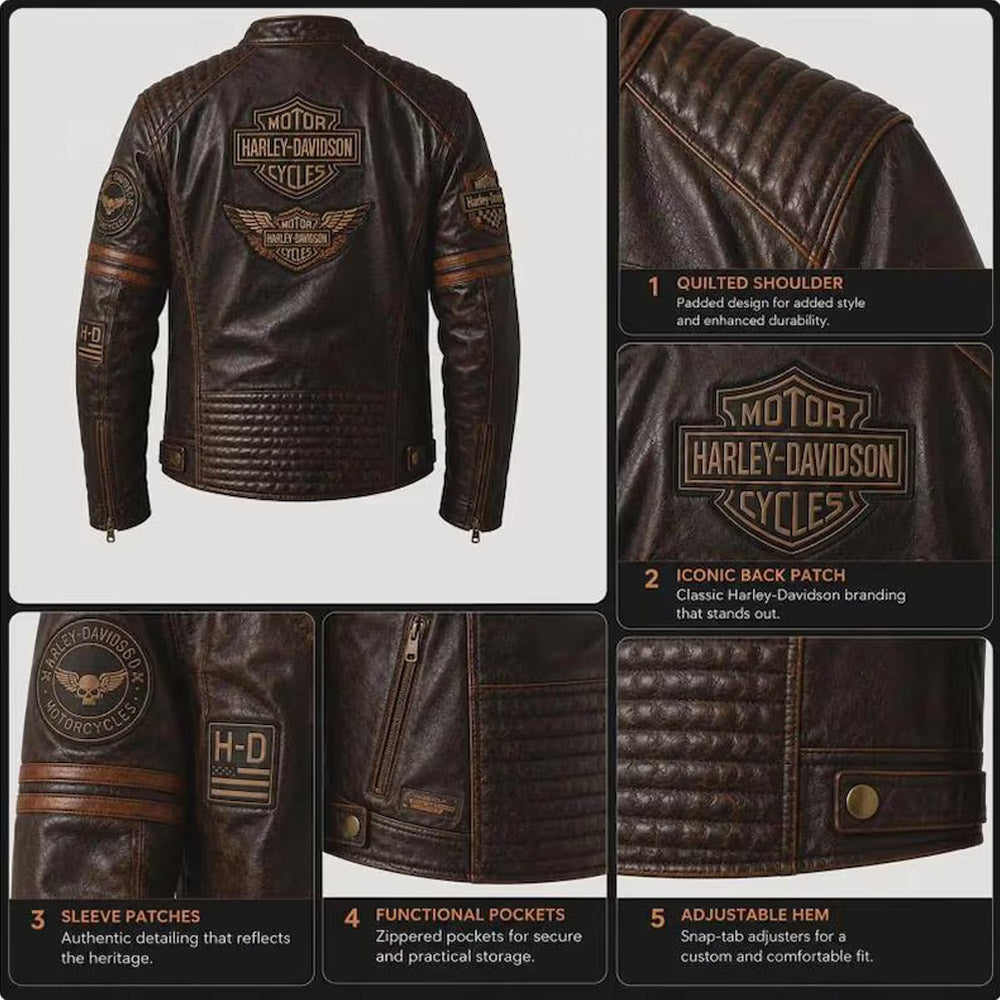 Men's Vintage Distressed Brown Leather Harley-Davidson Motorcycle Jacket
