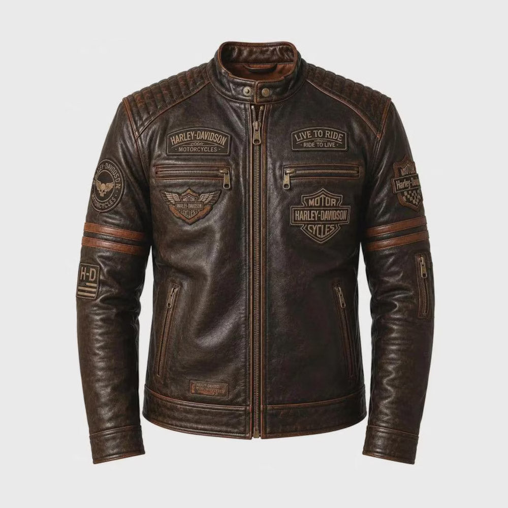 Men's Vintage Distressed Brown Leather Harley-Davidson Motorcycle Jacket