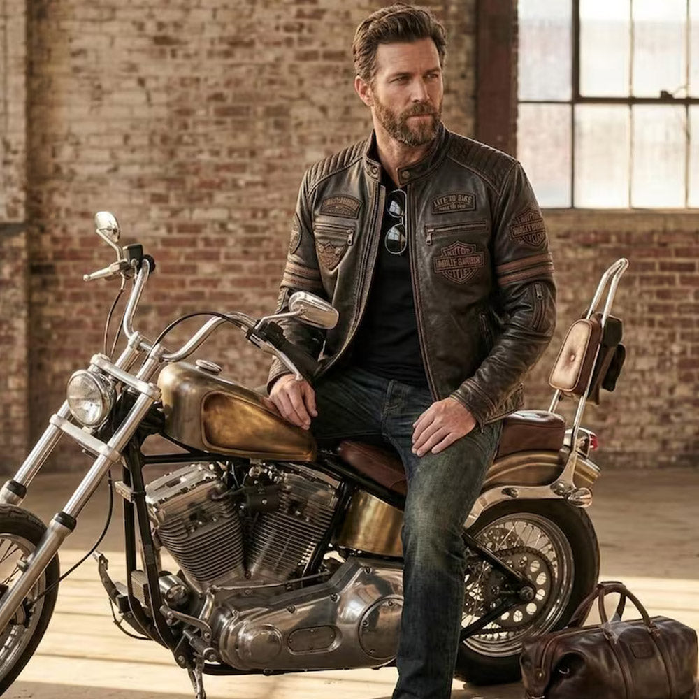 Men's Vintage Distressed Brown Leather Harley-Davidson Motorcycle Jacket