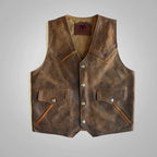 Men's Distressed Brown Western Cowboy Leather Vest | Outlaw Frontier Biker Waistcoat