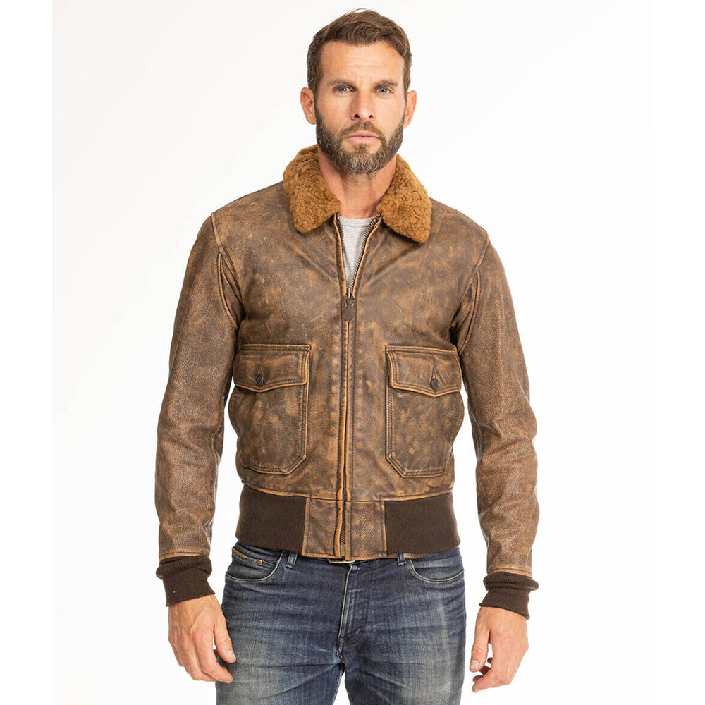 Men Brown Pilot Military G-1 Airforce Fur Collar Bomber Leather Jacket