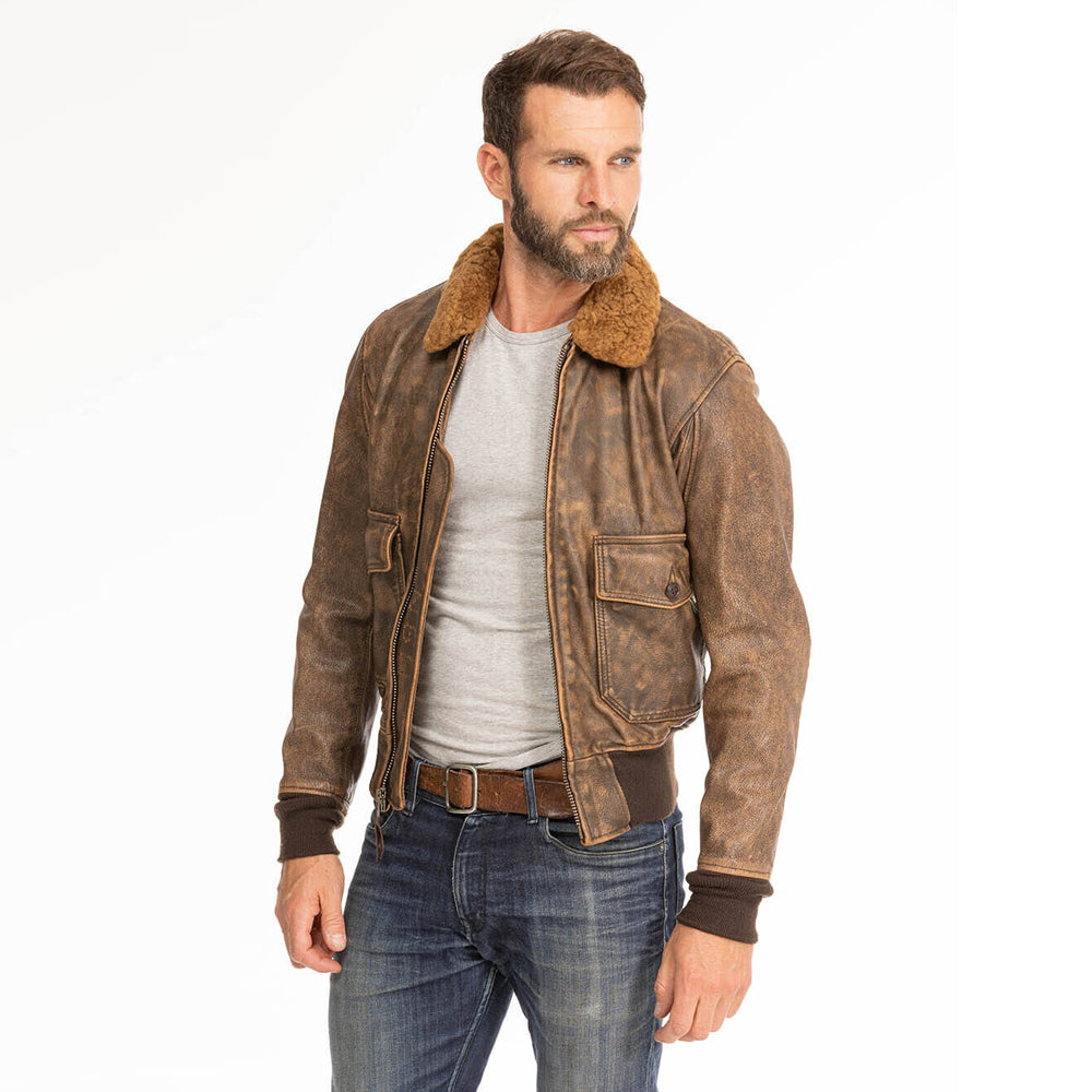 Men Brown Pilot Military G-1 Airforce Fur Collar Bomber Leather Jacket