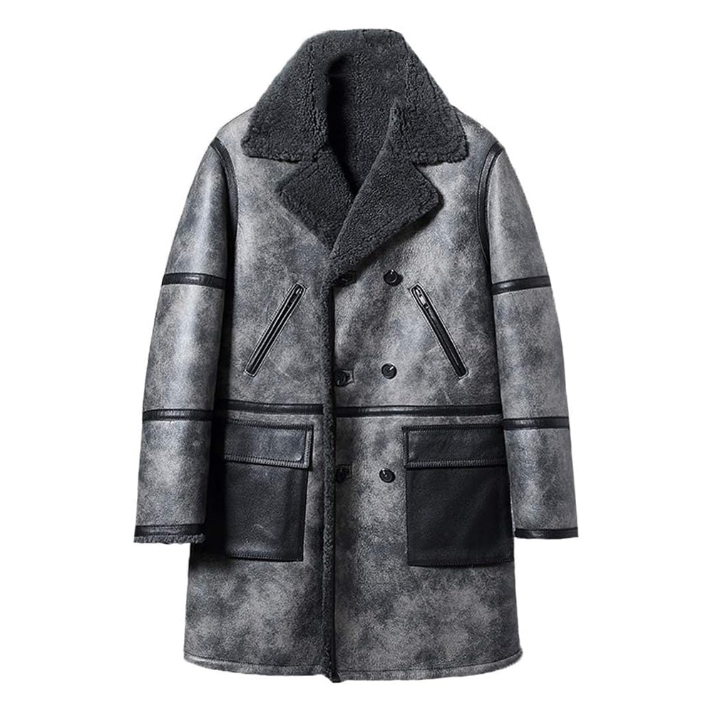 Men's Distressed Grey Lambskin Shearling Trench Coat