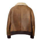 Men's Camel Distressed Shearling Flight Bomber Jacket with Ribbed Trims