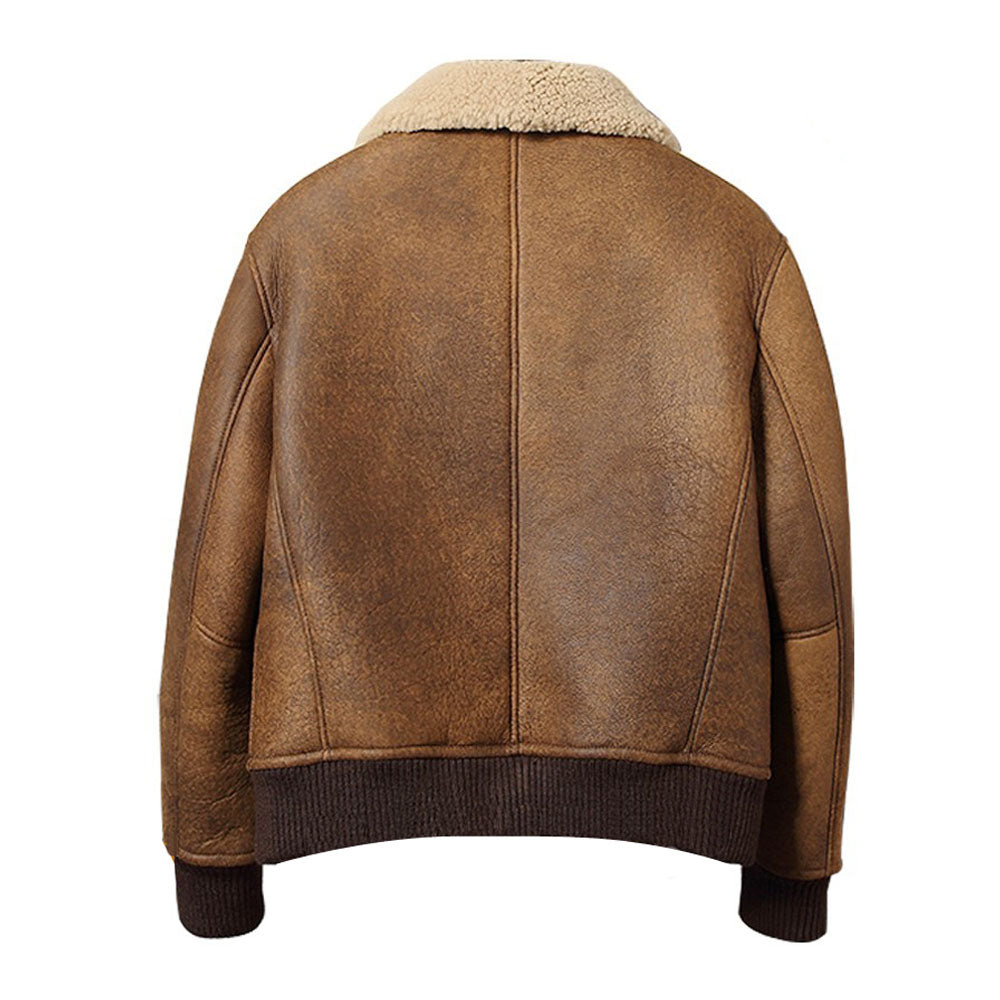 Men's Camel Distressed Shearling Flight Bomber Jacket with Ribbed Trims