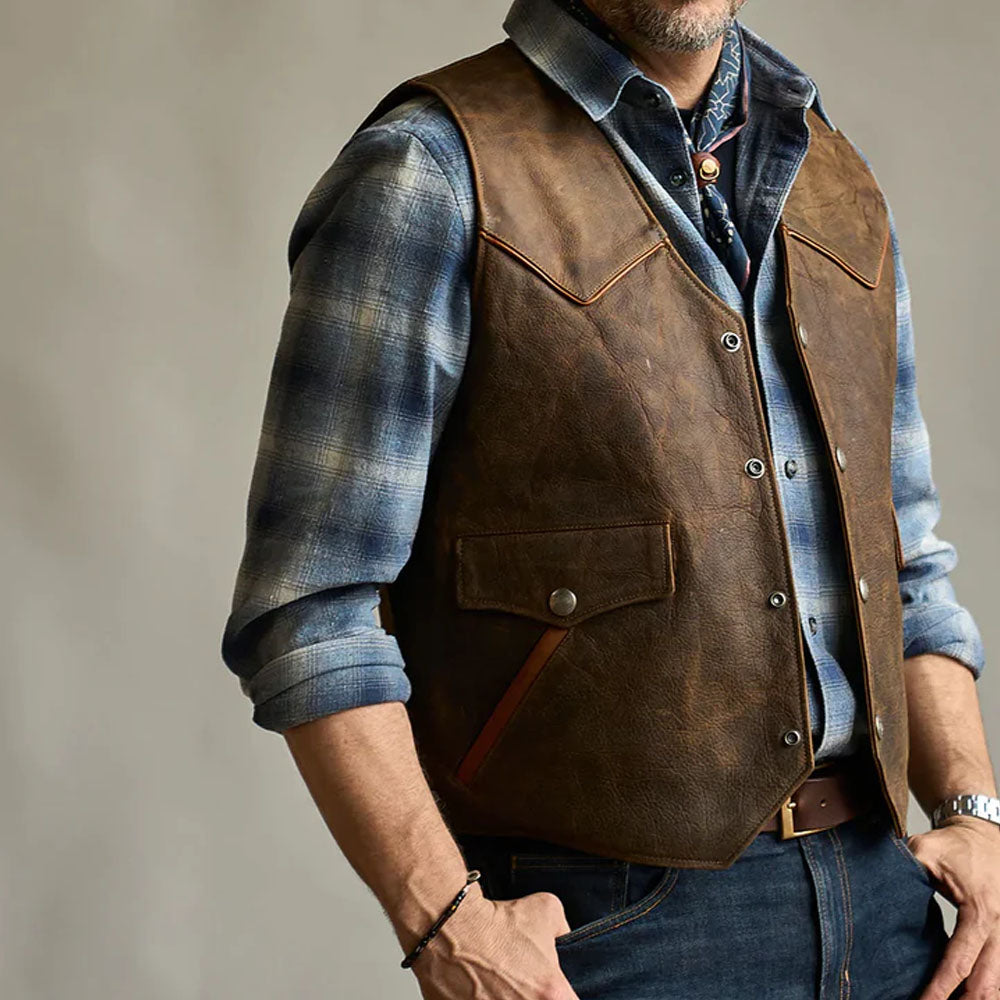 Men's Distressed Brown Western Cowboy Leather Vest | Outlaw Frontier Biker Waistcoat