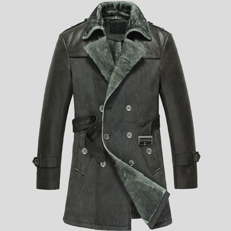 Mens Classics Double Breasted Shearling Sheepskin Leather Pea Coats