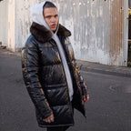 Double Goose Black Straight Down Coat with Opossum Fur Collar