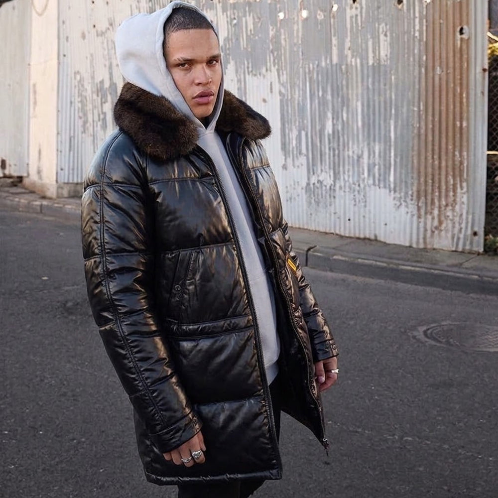 Double Goose Black Straight Down Coat with Opossum Fur Collar