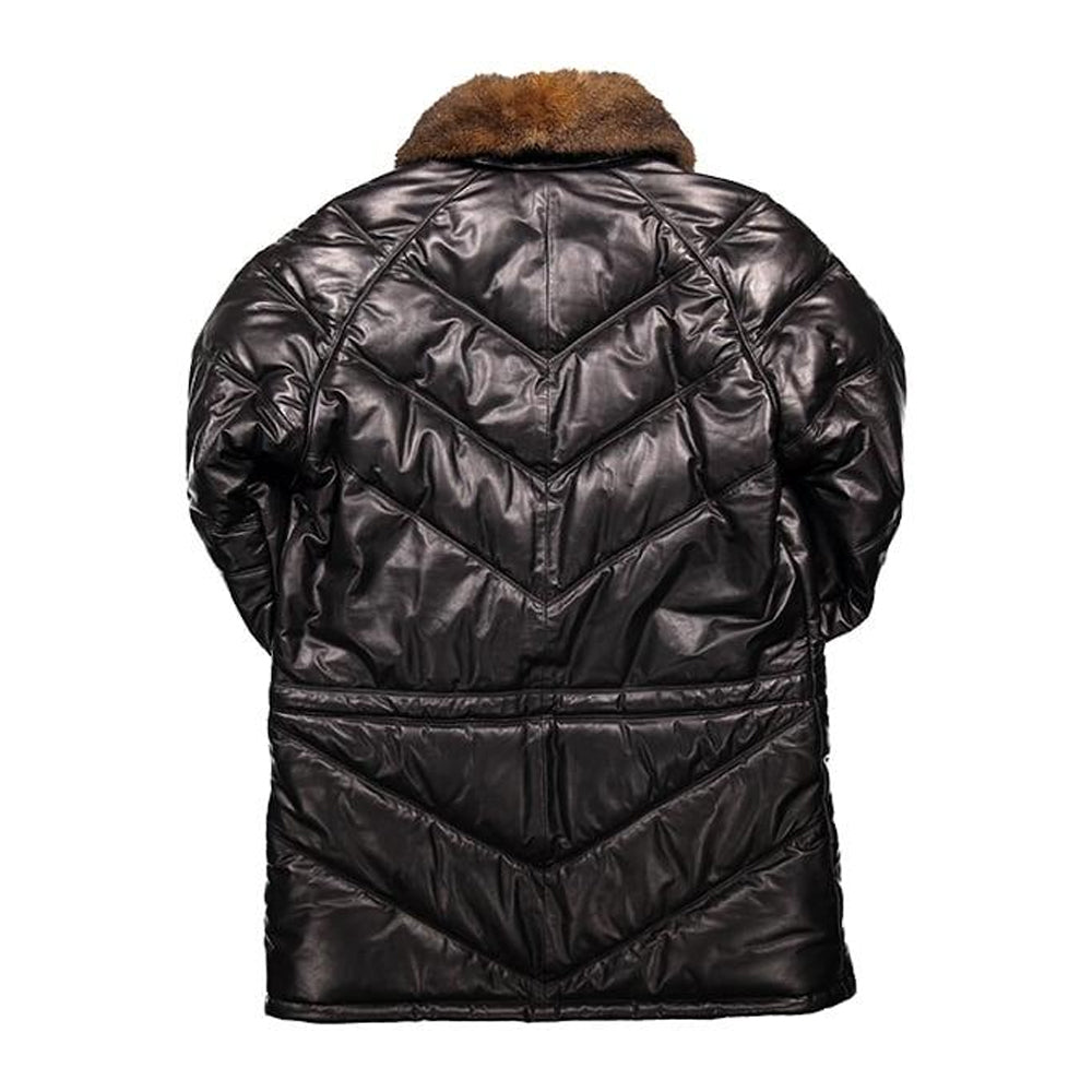 Double Goose Black Leather V-Coat with Fur Collar