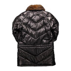 Double Goose Black Leather V-Coat with Fur Collar