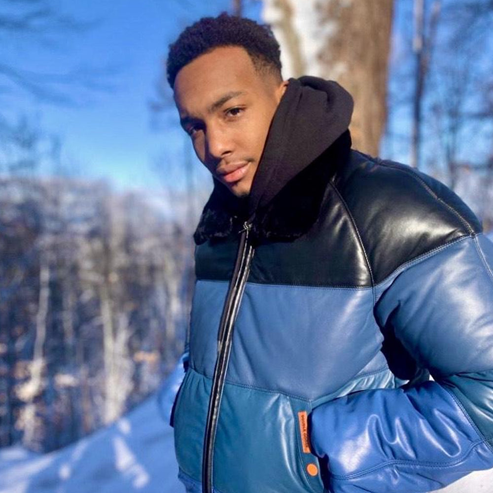 Double Goose Men’s Classic V-Bomber Jacket | Blue Gradient Lambskin Down Coat