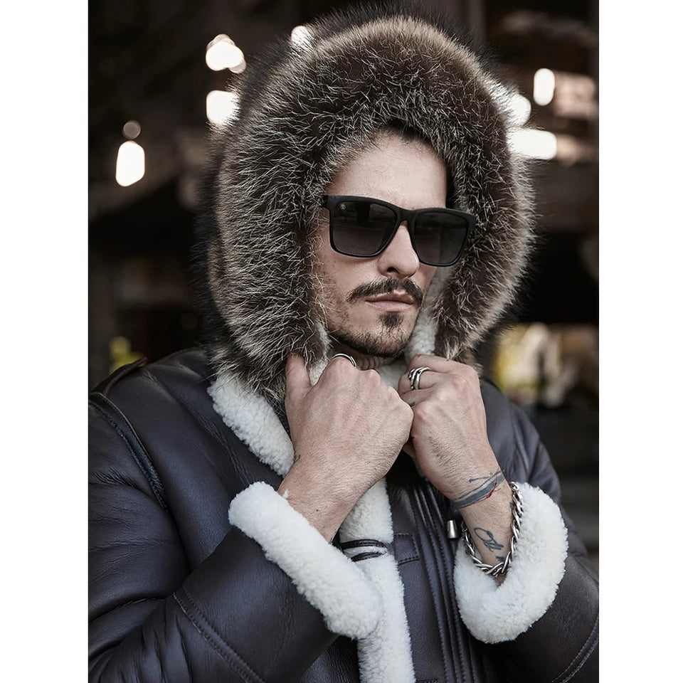 Men's Dark Brown Double-Sided Shearling Fur Leather Coat with Removable Hood