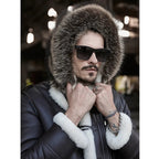 Men's Dark Brown Double-Sided Shearling Fur Leather Coat with Removable Hood
