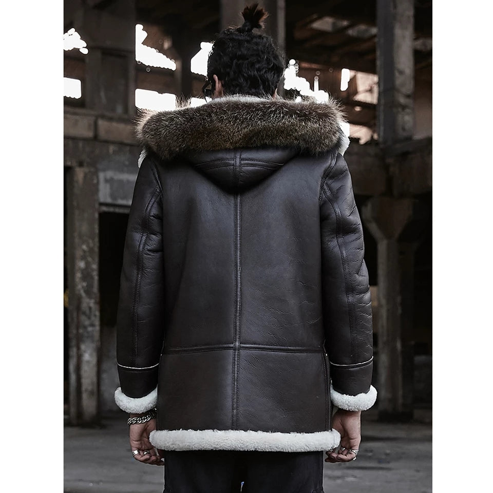 Men's Dark Brown Double-Sided Shearling Fur Leather Coat with Removable Hood