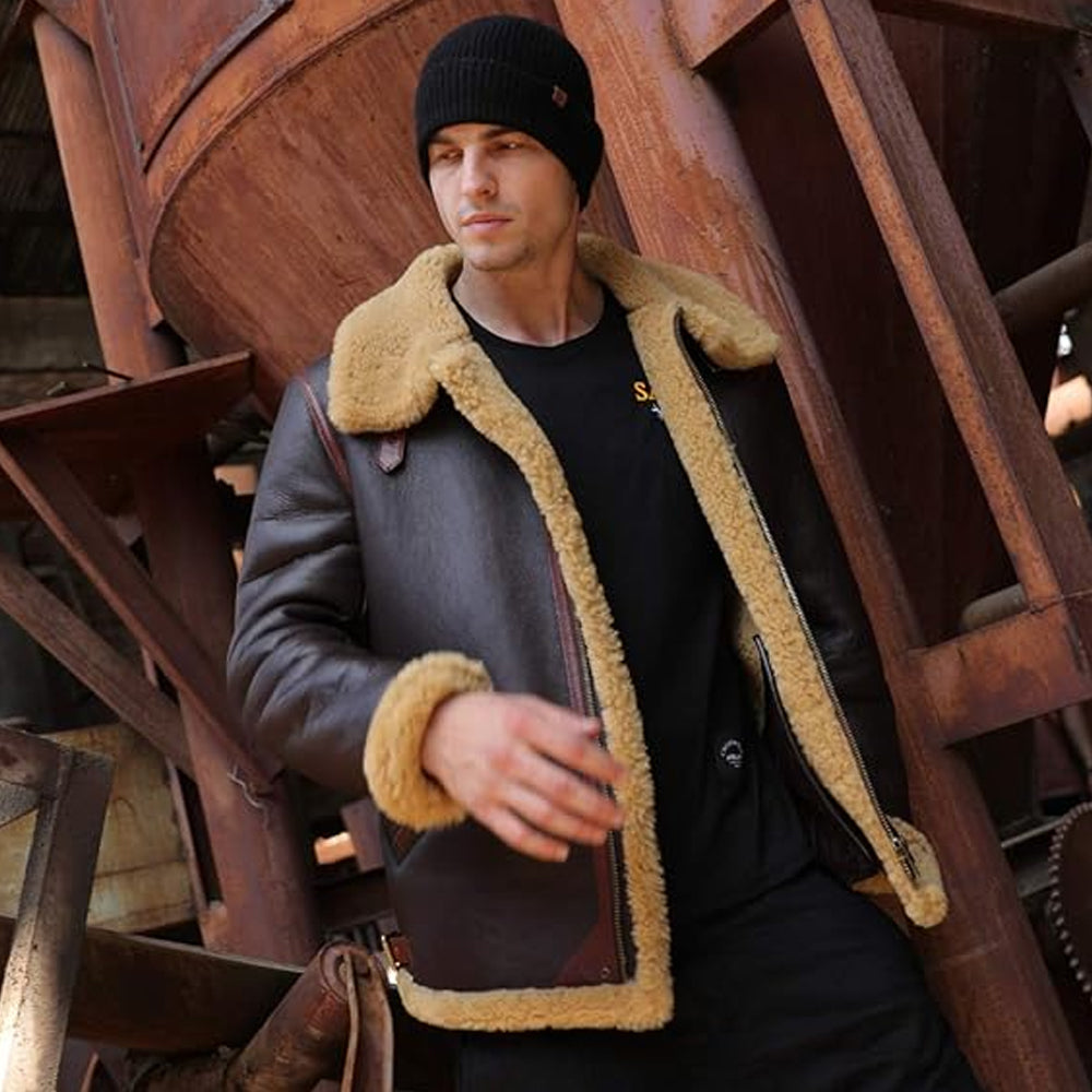 Men's Espresso Brown B-3 Bomber Jacket with Rust Contrast Piping