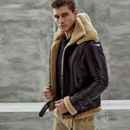 Men's Espresso Brown Belted B-3 RAF Shearling Leather Aviator Jacket