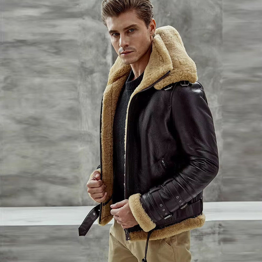 Men's Espresso Brown Belted B-3 RAF Shearling Leather Aviator Jacket