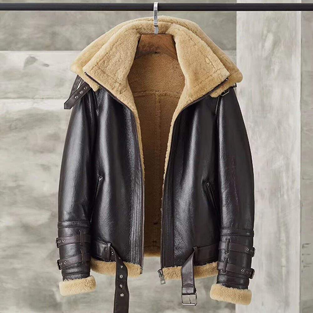 Men's Espresso Brown Belted B-3 RAF Shearling Leather Aviator Jacket