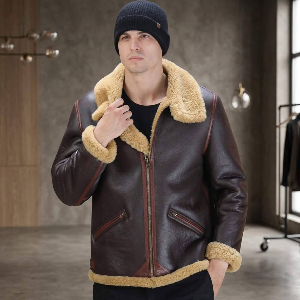 Men's Espresso Brown B-3 Bomber Jacket with Rust Contrast Piping