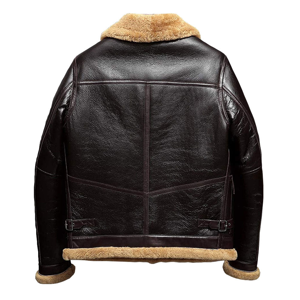 Men's Dark Espresso Lambskin Shearling Aviator Flight Coat with Angled Cargo Pockets