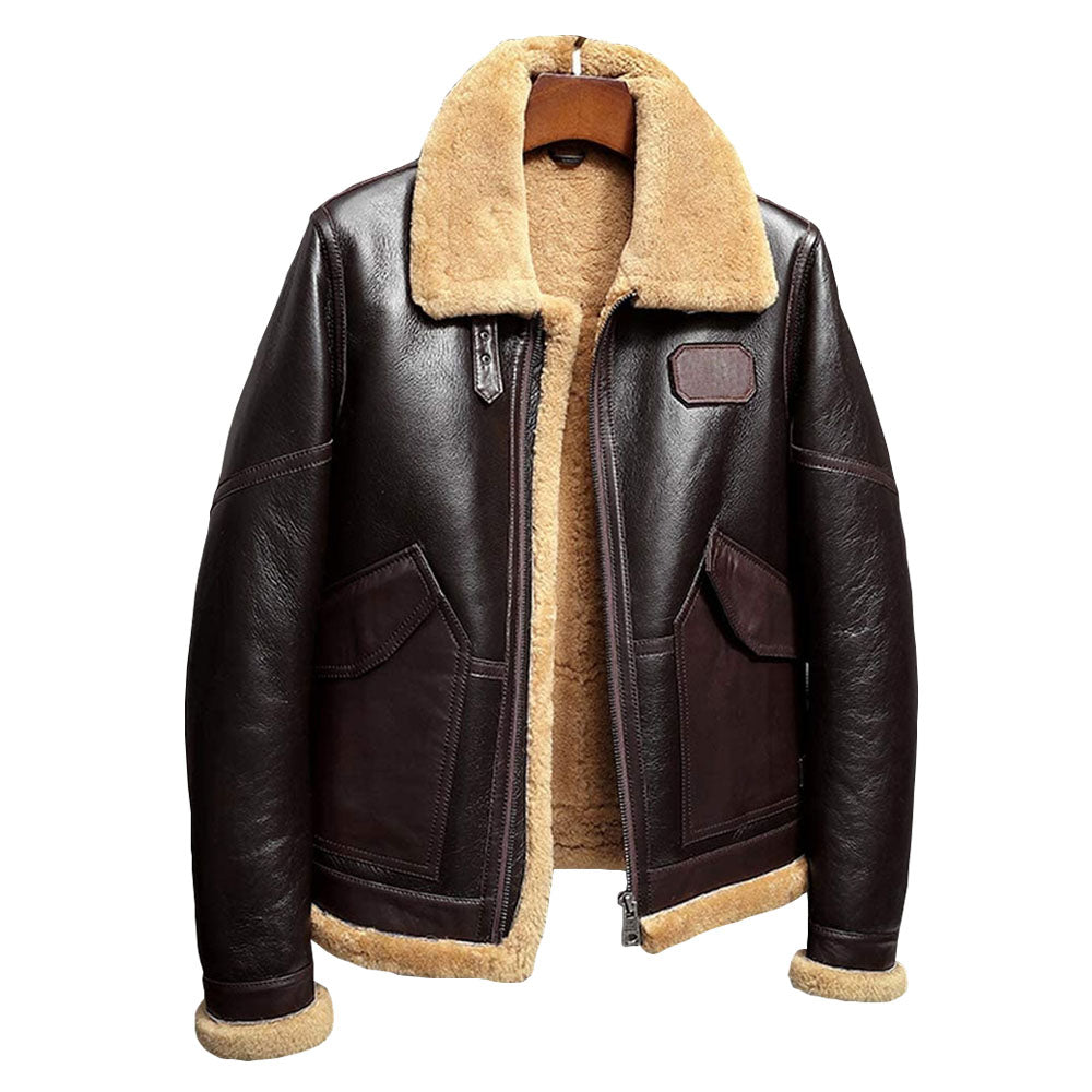 Men's Dark Espresso Lambskin Shearling Aviator Flight Coat with Angled Cargo Pockets