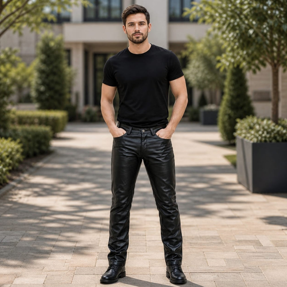 Premium Men’s Black Genuine Leather Pants | Slim Fit Biker Motorcycle Trousers