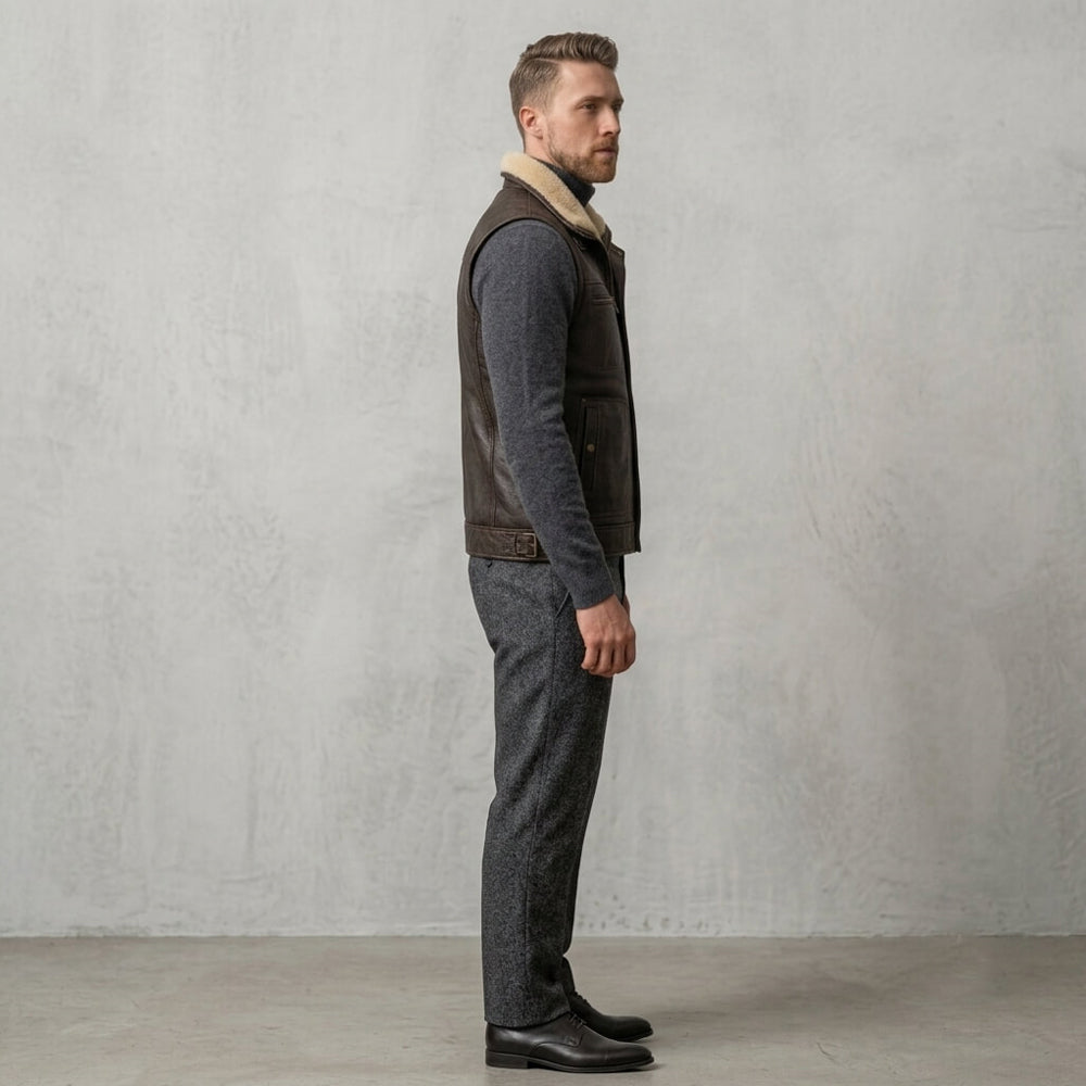 Men Premium Genuine Shearling Leather Vest - B3 Aviator Biker Style