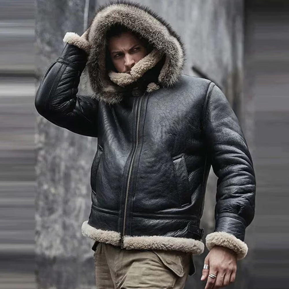 Men's Black Fur-Trim Hooded B-3 Flyer's Jacket
