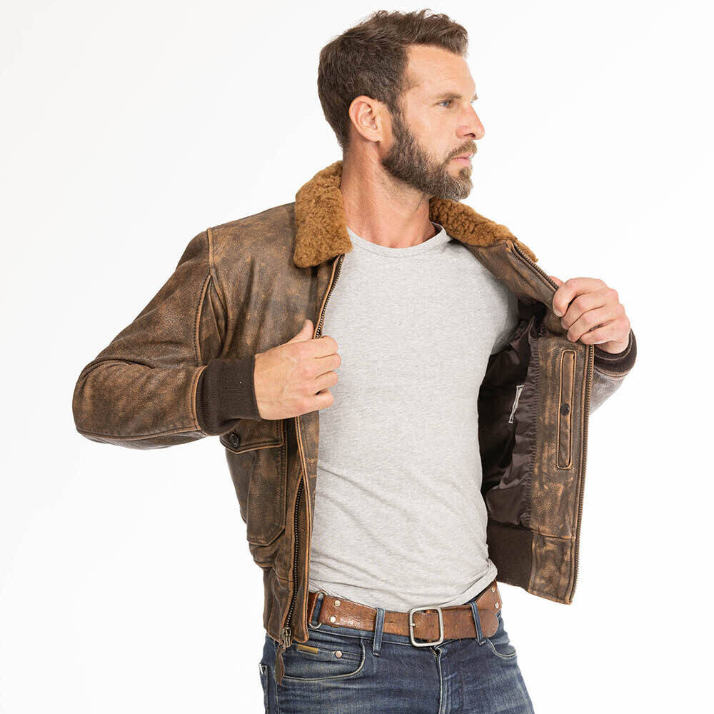 Men Brown Pilot Military G-1 Airforce Fur Collar Bomber Leather Jacket