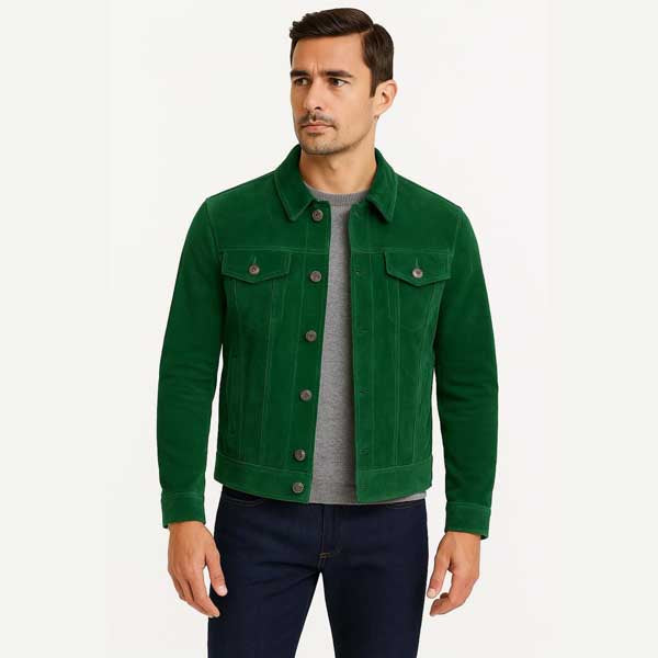 Mens Green Sheepskin Suede Trucker Leather Jacket