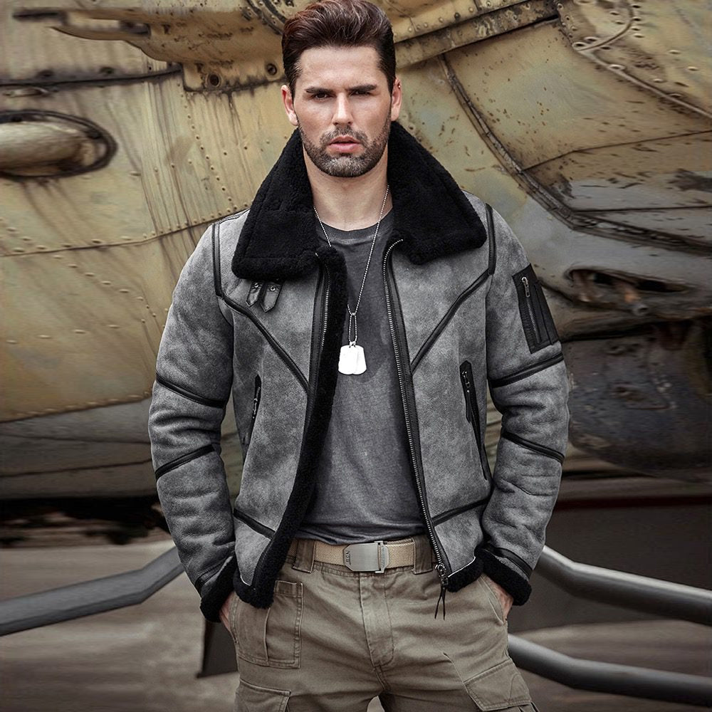 Men’s Grey Distressed B3 Shearling Aviator Jacket