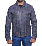 Men’s Light Blue Distressed Trucker Leather Jacket