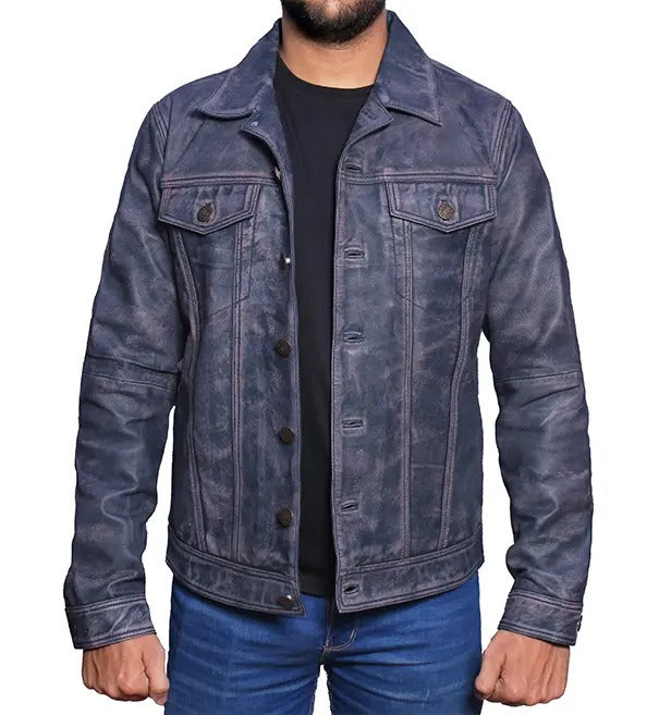 Men’s Light Blue Distressed Trucker Leather Jacket