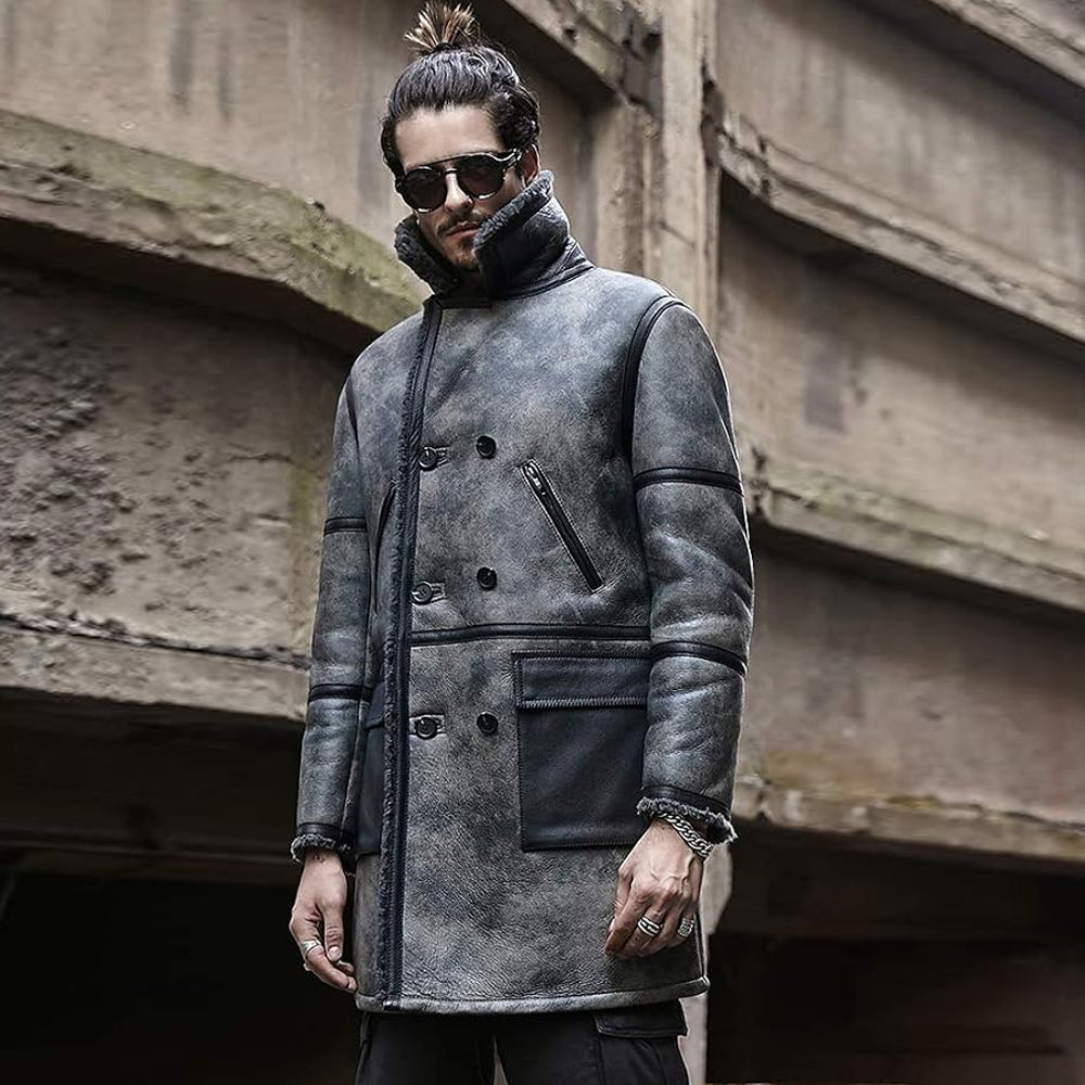 Men's Distressed Grey Lambskin Shearling Trench Coat