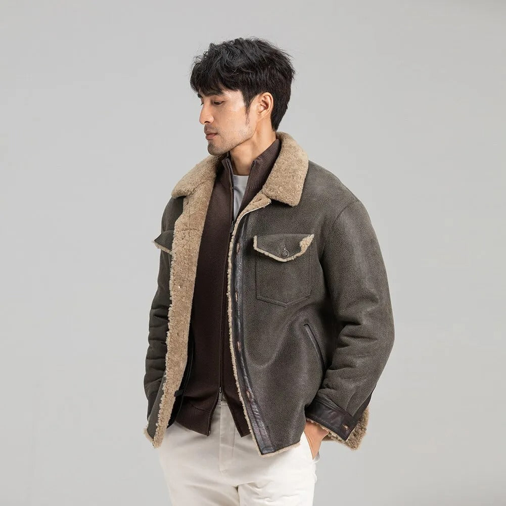Men's Grey Shearling Jacket - Trucker Style