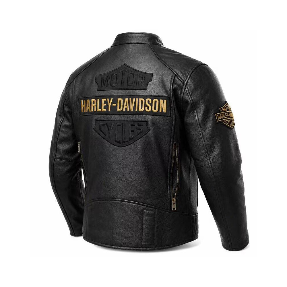Men's Harley-Davidson Black Leather Racing Jacket with Gold Logo Patches