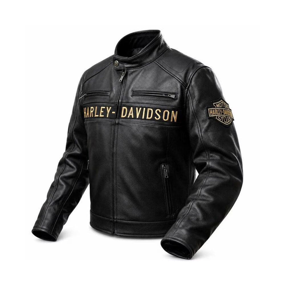 Men's Harley-Davidson Black Leather Racing Jacket with Gold Logo Patches