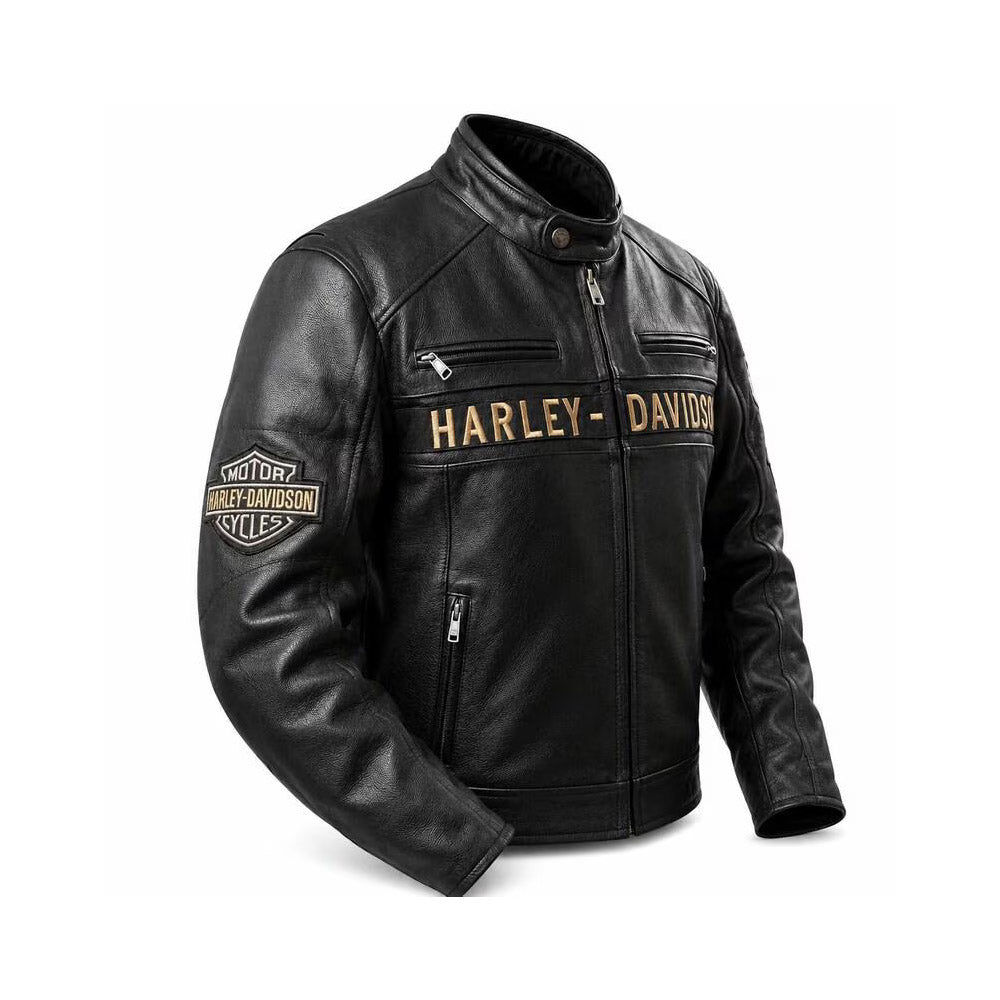 Men's Harley-Davidson Black Leather Racing Jacket with Gold Logo Patches