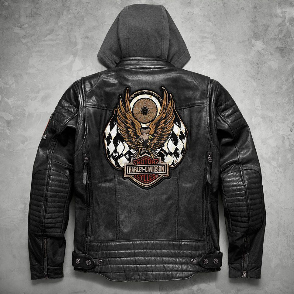 Men's Harley Davidson Distressed Slim Fit Motorcycle Biker Leather Jacket in Black