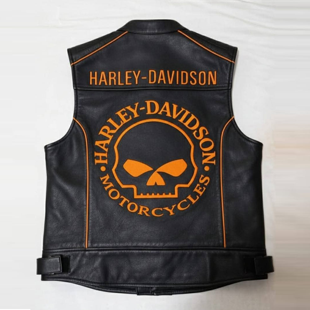 Men's Harley-Davidson Willie G Skull Black Leather Vest with Orange Piping