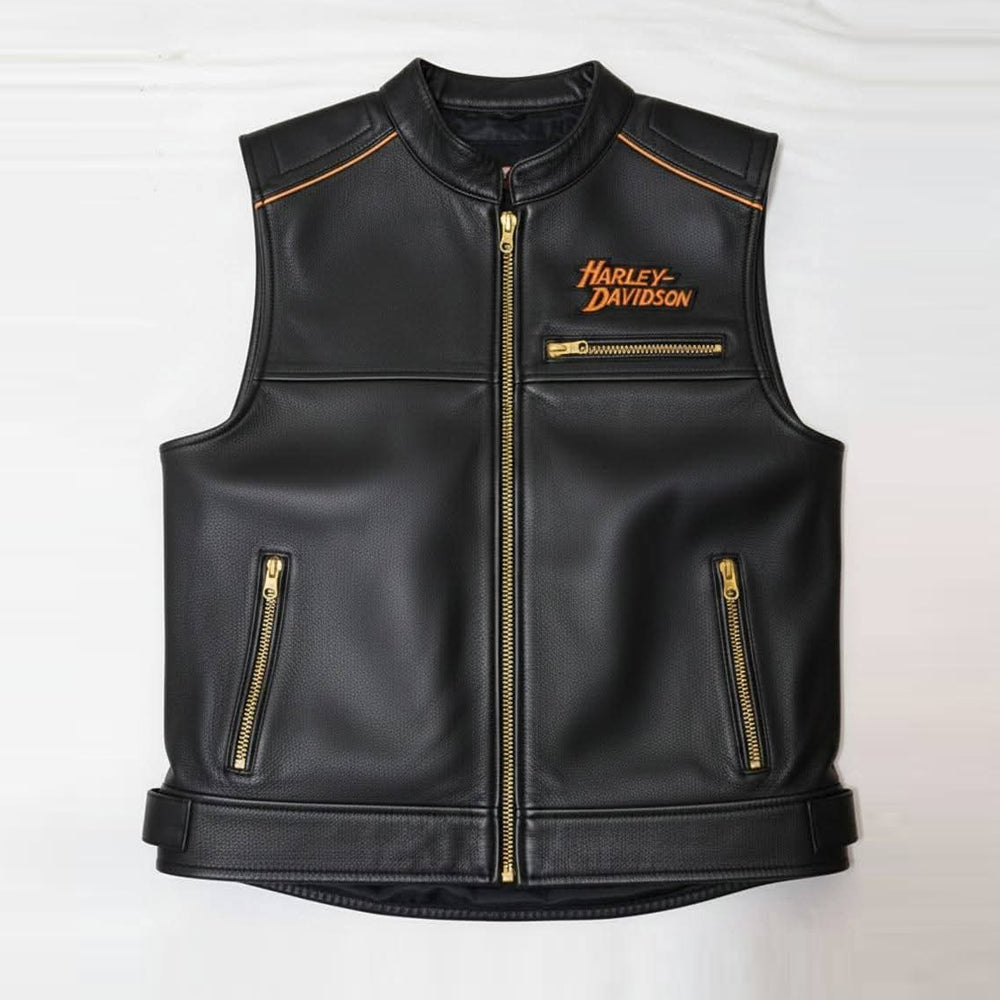 Men's Harley-Davidson Willie G Skull Black Leather Vest with Orange Piping