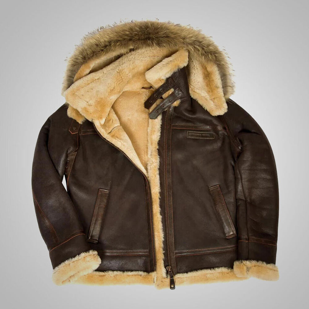 Hooded B-3 Shearling Leather Jacket – Antiqued Saddle Brown