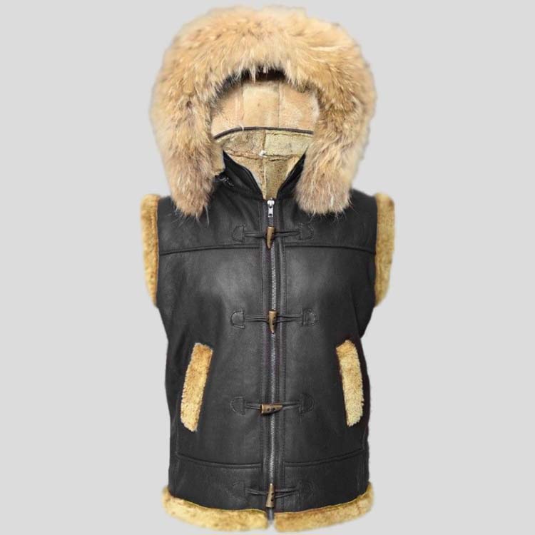 Mens Black B3 Aviator Fur Shearling RAF Leather Vest with Hood