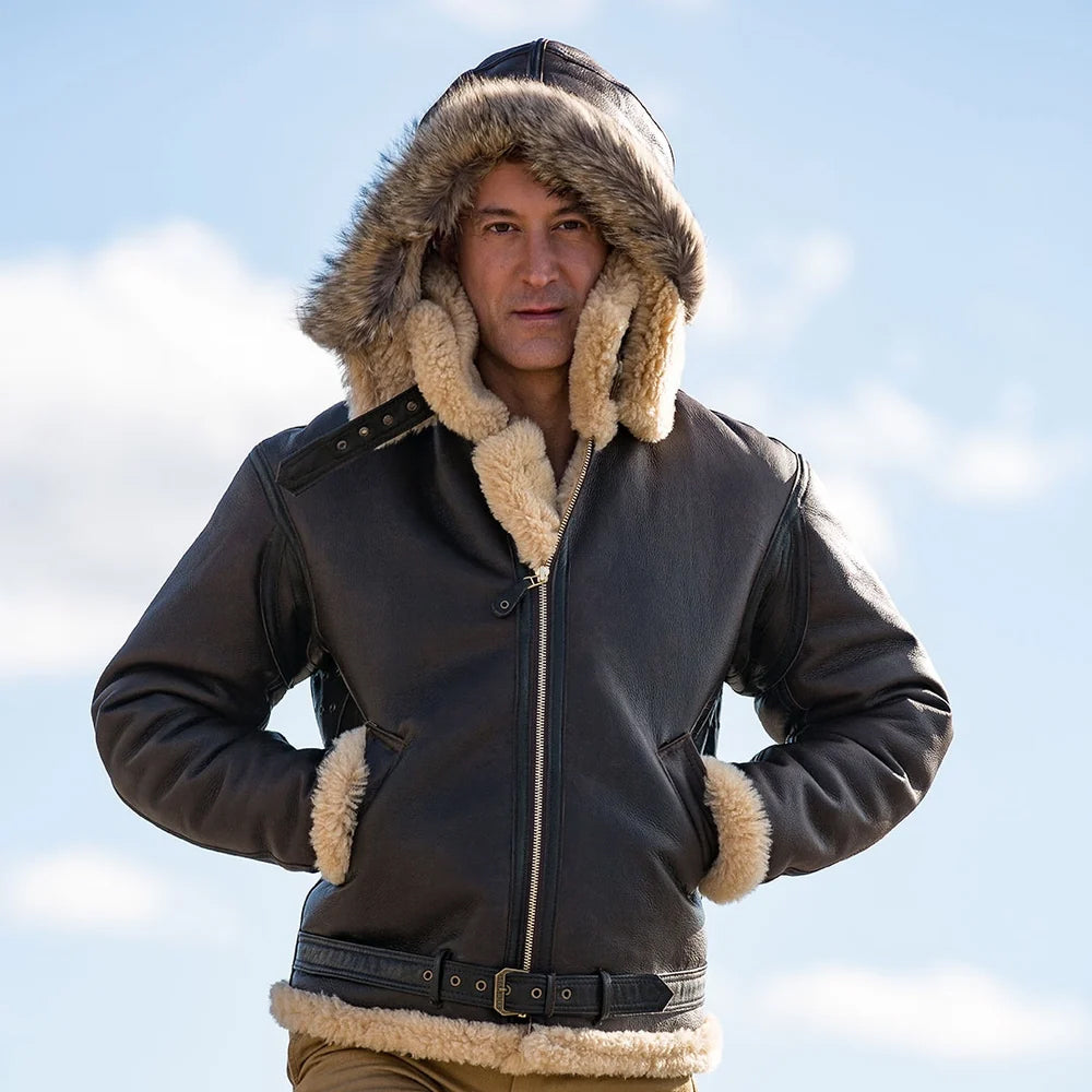 Men's Hooded B-3 Dark Brown Shearling Aviator Jacket