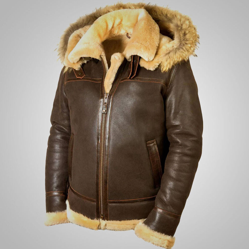 Hooded B-3 Shearling Leather Jacket – Antiqued Saddle Brown